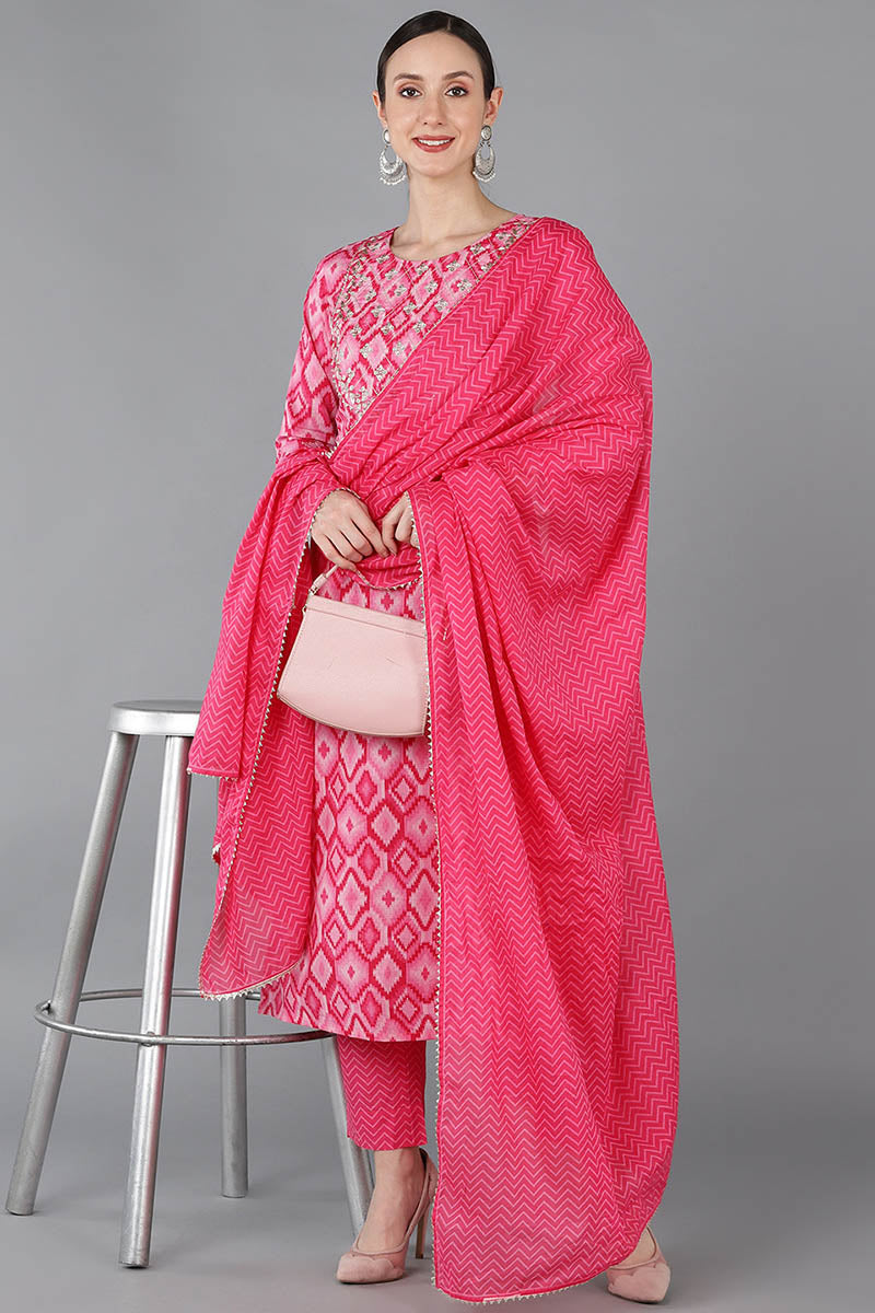 Women's Cotton Abstract Printed Kurta Pants With Dupatta