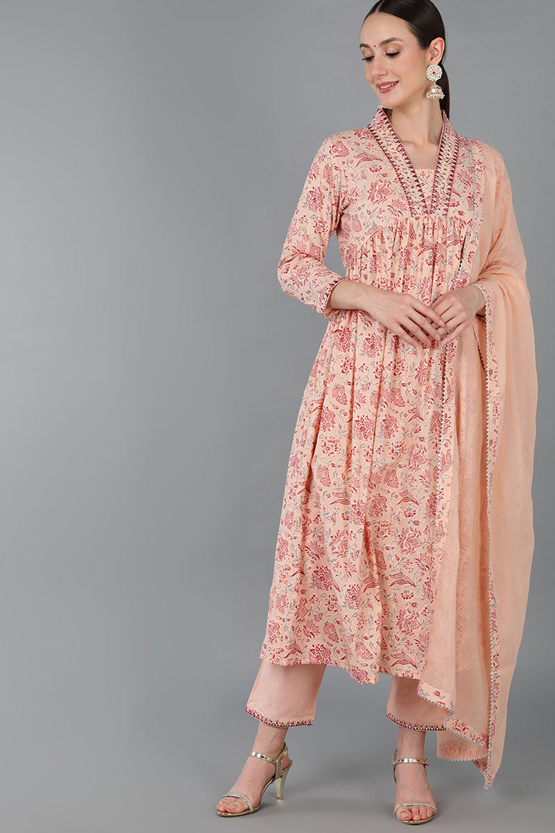 Women's Cotton Floral Printed Kurta Pant With Dupatta