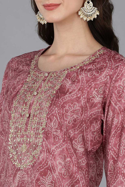 Women's Silk Blend Embroidered Bandhani Printed Kurta Pant With Dupatta