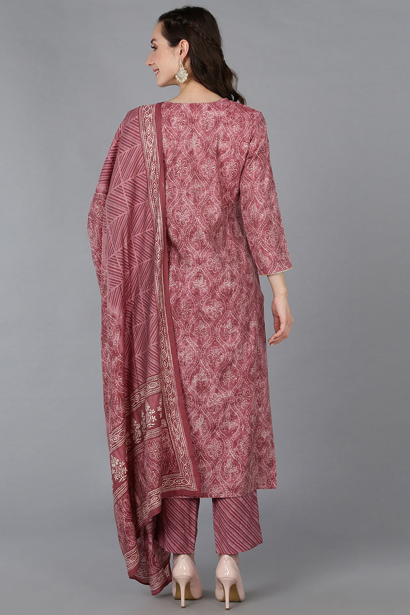 Women's Silk Blend Embroidered Bandhani Printed Kurta Pant With Dupatta