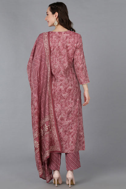 Women's Silk Blend Embroidered Bandhani Printed Kurta Pant With Dupatta