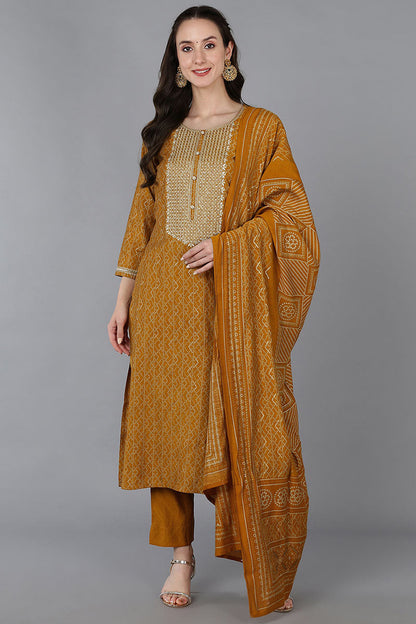 Women's Silk Blend Embroidered Bandhani Printed Kurta Pant With Dupatta