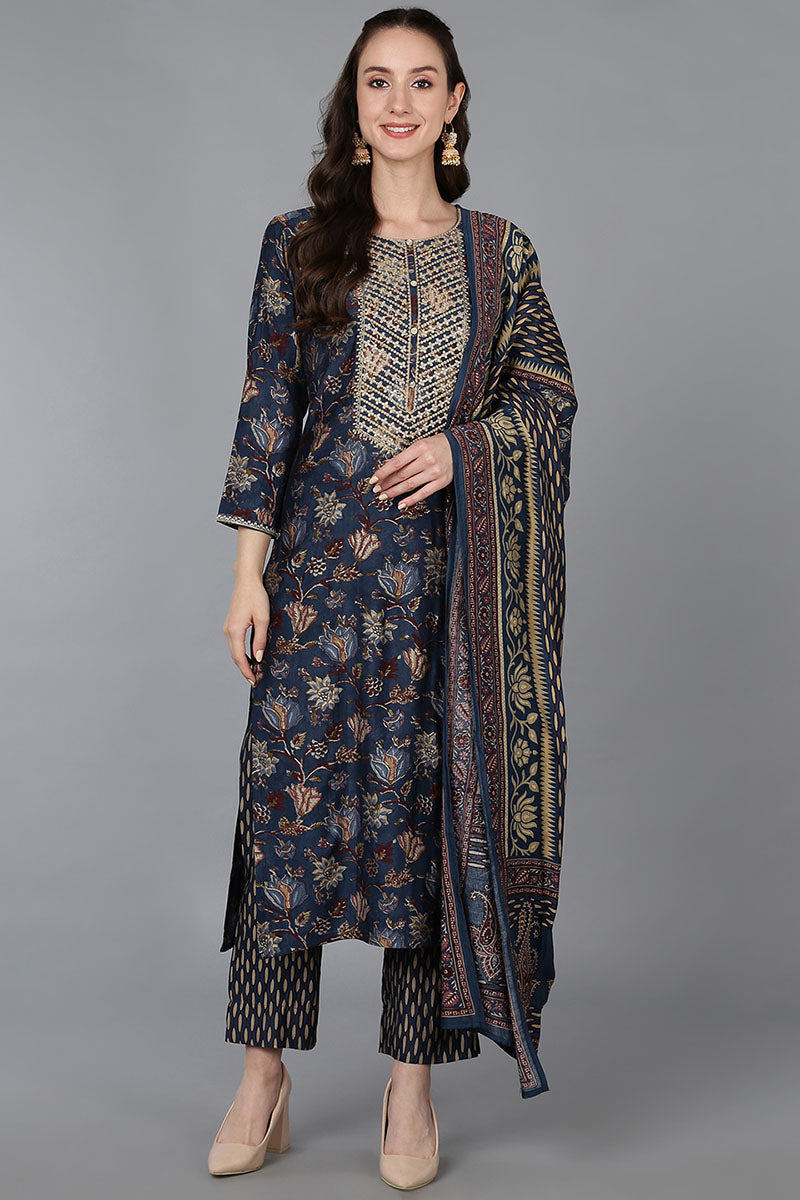 Women's Silk Blend Embroidered Floral Printed Kurta Pant With Dupatta