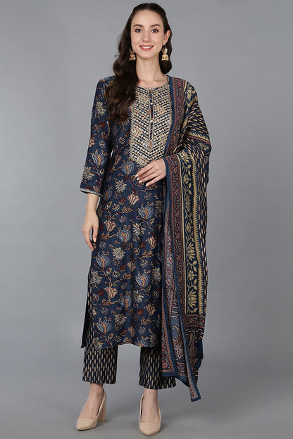 Women's Silk Blend Embroidered Floral Printed Kurta Pant With Dupatta