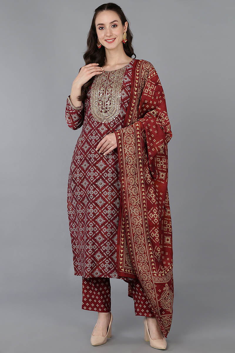 Women's Silk Blend Embroidered Abstract Printed Kurta Pant With Dupatta