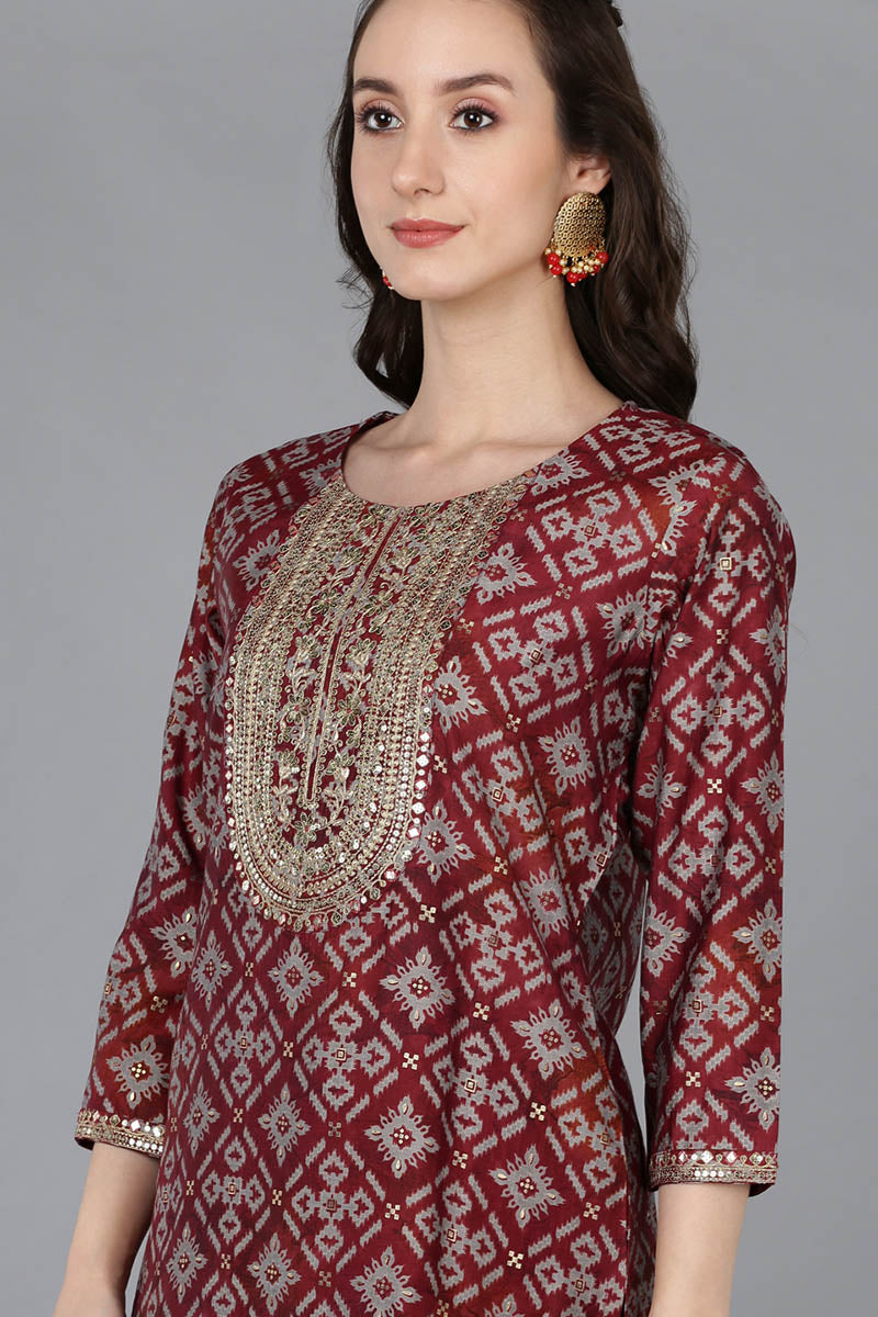 Women's Silk Blend Embroidered Abstract Printed Kurta Pant With Dupatta