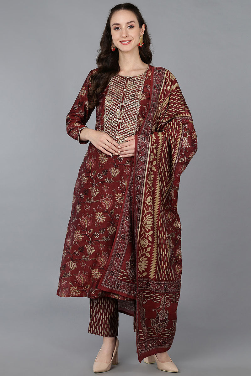 Women's Silk Blend Embroidered Floral Printed Kurta Pant With Dupatta