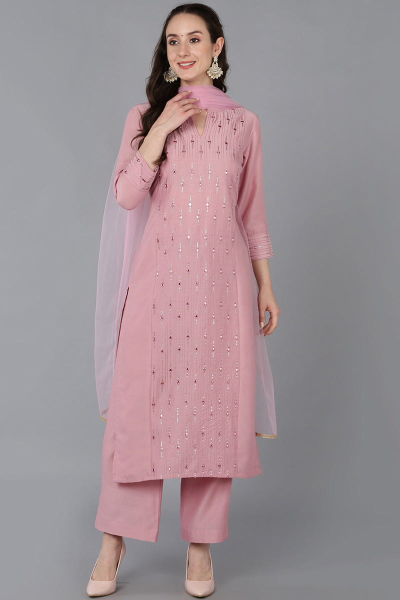 Women's Silk Blend Embroidered Mirror Work Kurta Pant With Dupatta