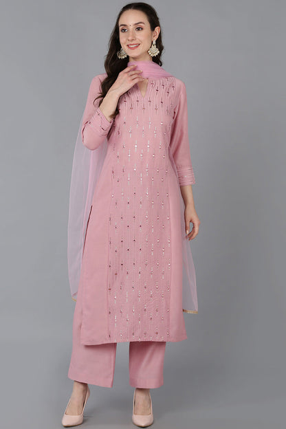 Women's Silk Blend Embroidered Mirror Work Kurta Pant With Dupatta