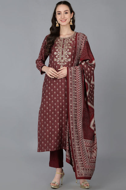 Women's Silk Blend Embroidered Ikat Printed Kurta Pant With Dupatta
