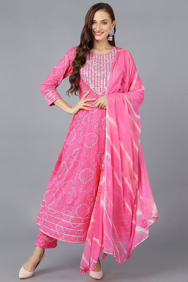 Women's Cotton Yoke Design Bandhani Printed Kurta Pant With Dupatta