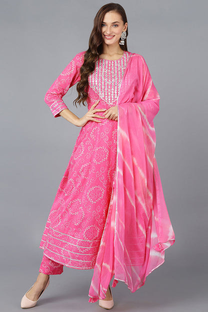Women's Cotton Yoke Design Bandhani Printed Kurta Pant With Dupatta