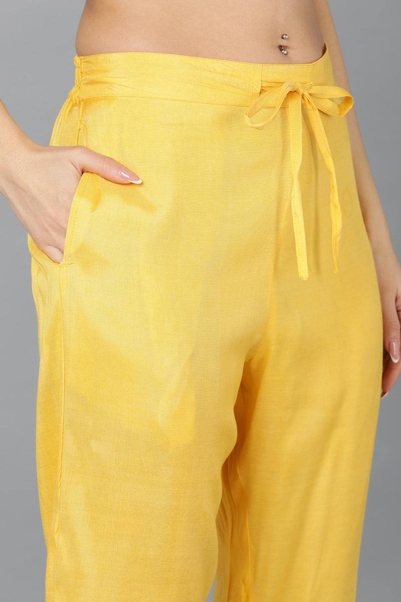 Women's Cotton Blend Yellow Printed Straight Kurta Pant With Dupatta