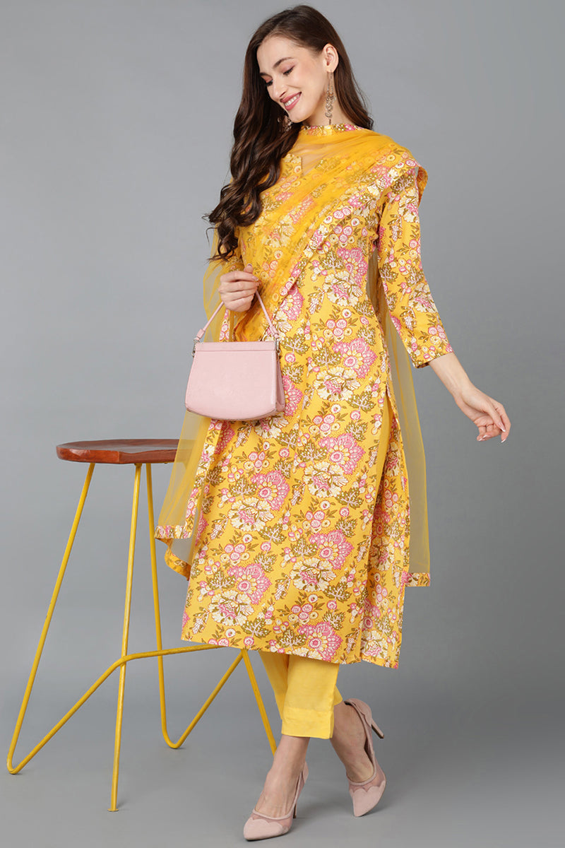 Women's Cotton Blend Yellow Printed Straight Kurta Pant With Dupatta