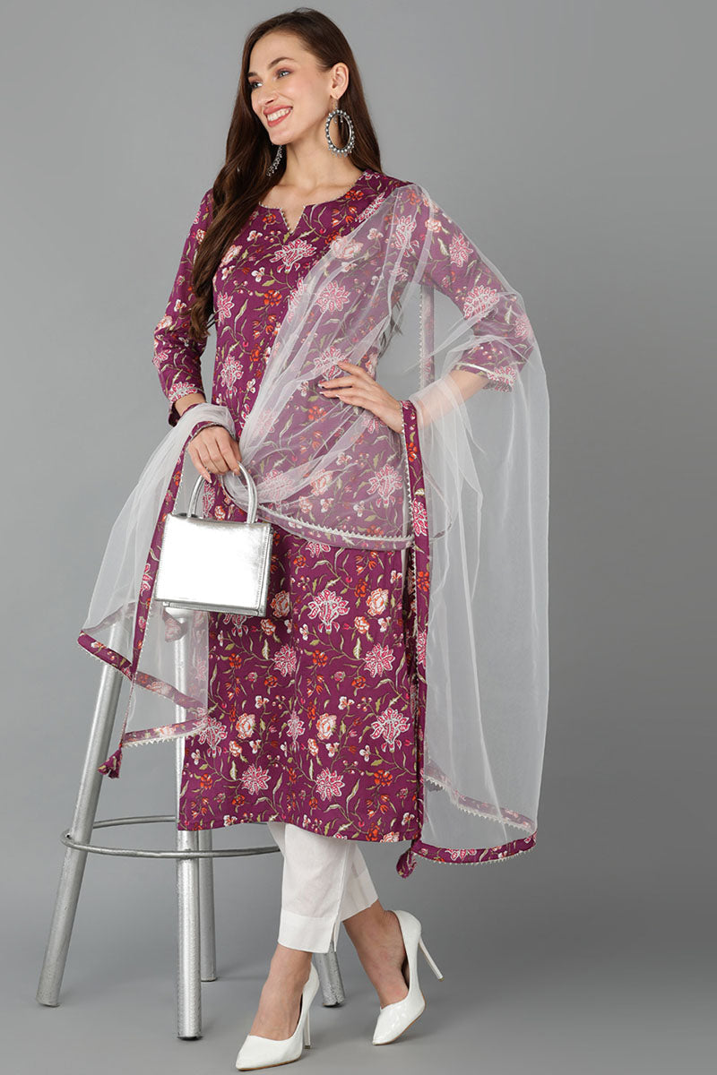 Women's Cotton Blend Printed Floral Kurta Pants With Dupatta