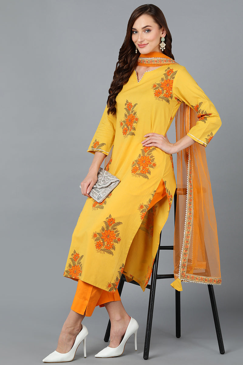 Women's Mustard Orange Cotton Blend Floral Printed Straight Suit Set