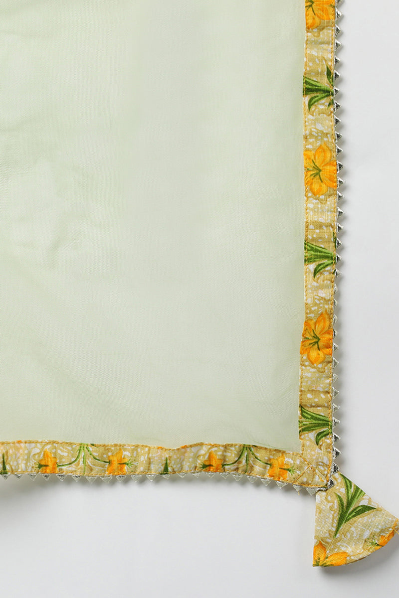 Women's Yellow Green Cotton Blend Floral Printed Straight Suit Set