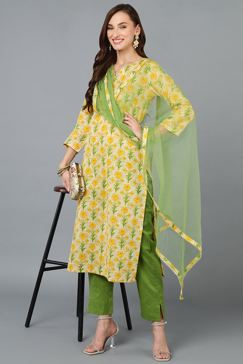 Women's Yellow Green Cotton Blend Floral Printed Straight Suit Set