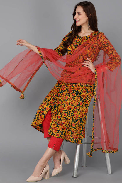 Women's Cotton Blend Floral Printed Kurta Pants With Dupatta