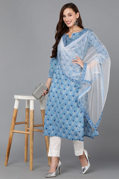 Women's Cotton Blend Floral Printed Kurta Pants With Dupatta