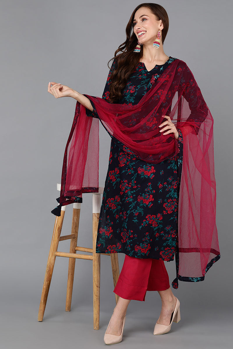 Women's Cotton Blend Floral Printed Kurta Pants With Dupatta