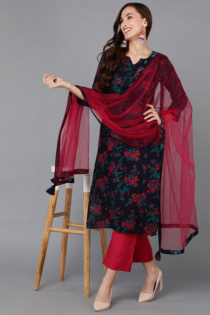 Women's Cotton Blend Floral Printed Kurta Pants With Dupatta