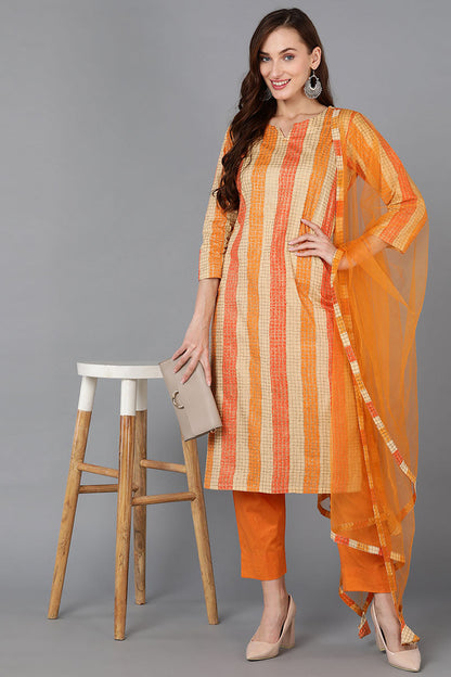 Women's Cotton Blend Checked Printed Kurta Pants With Dupatta