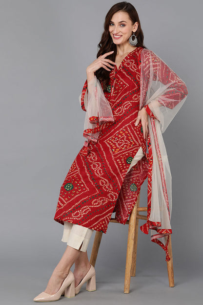 Women's Cotton Blend Bandhani Printed Kurta Pants With Dupatta