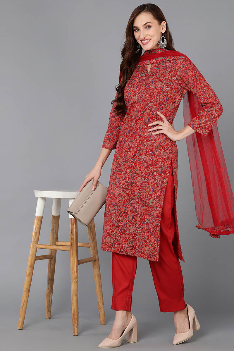 Women's Cotton Blend Floral Printed Kurta Pants With Dupatta