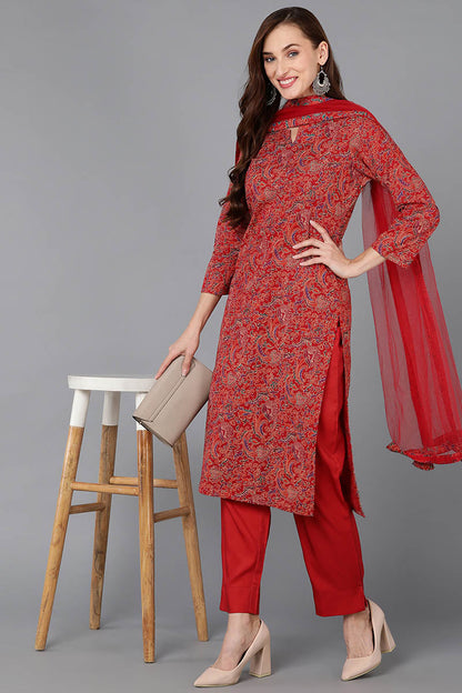 Women's Cotton Blend Floral Printed Kurta Pants With Dupatta