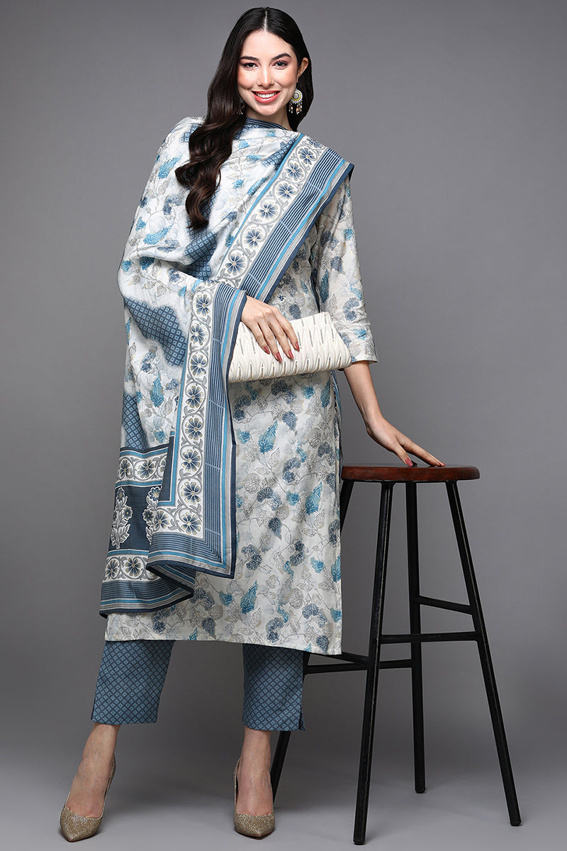 Women's  Poly Chanderi Printed Floral Embroidered Kurta Pants With Dupatta