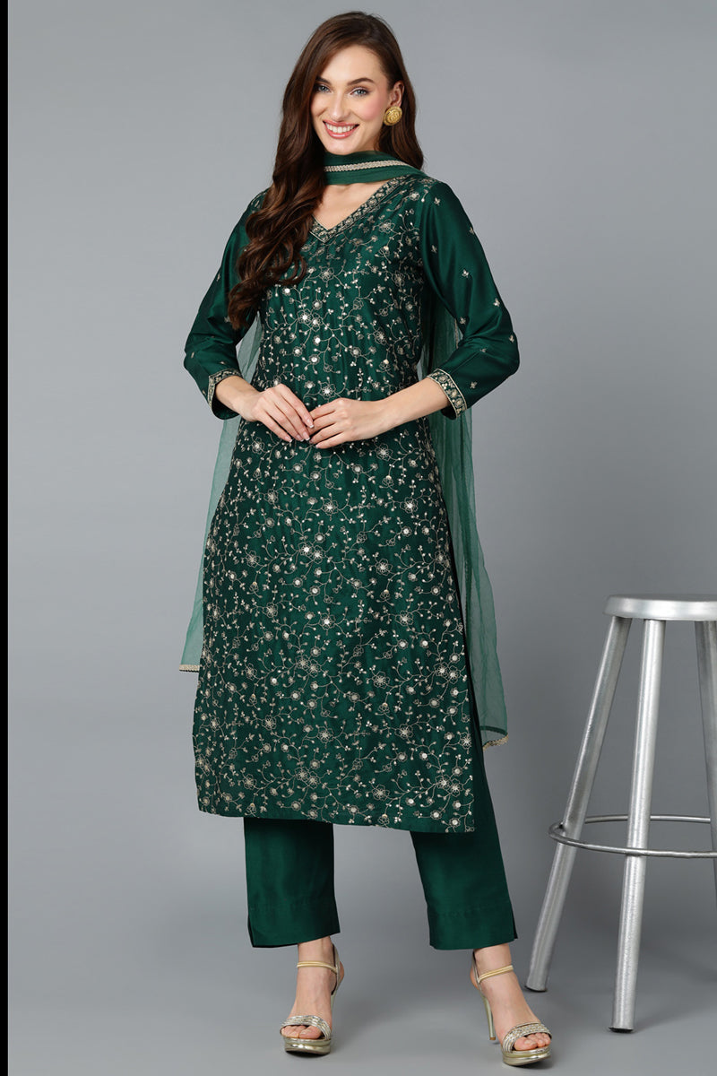 Women's Dark Green Silk Blend Embroidered Party Wear-Ahika
