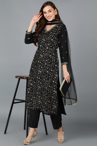 Women's Black Silk Blend Embroidered Party Wear-Ahika