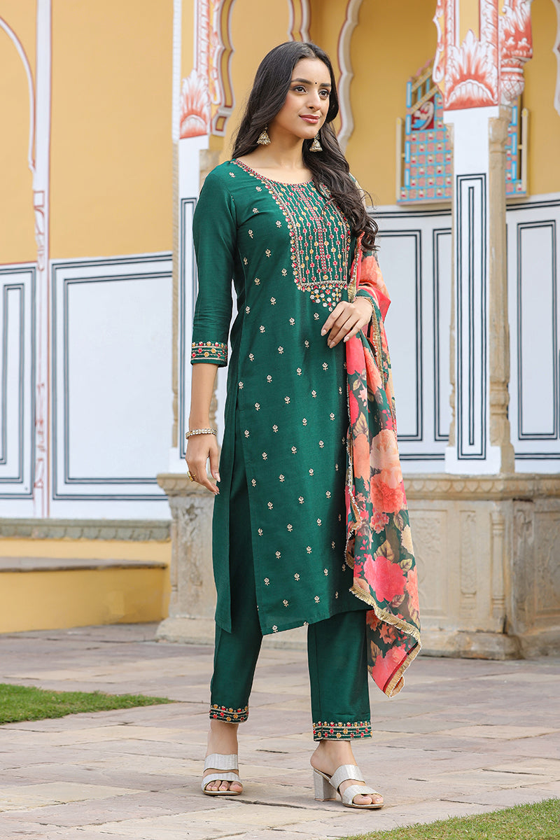 Women's Silk Blend Dark Green Embroidered Festive Wear-Ahika