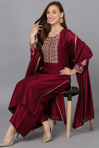 Women's Wine Silk Blend Embroidered Festive Wear-Ahika