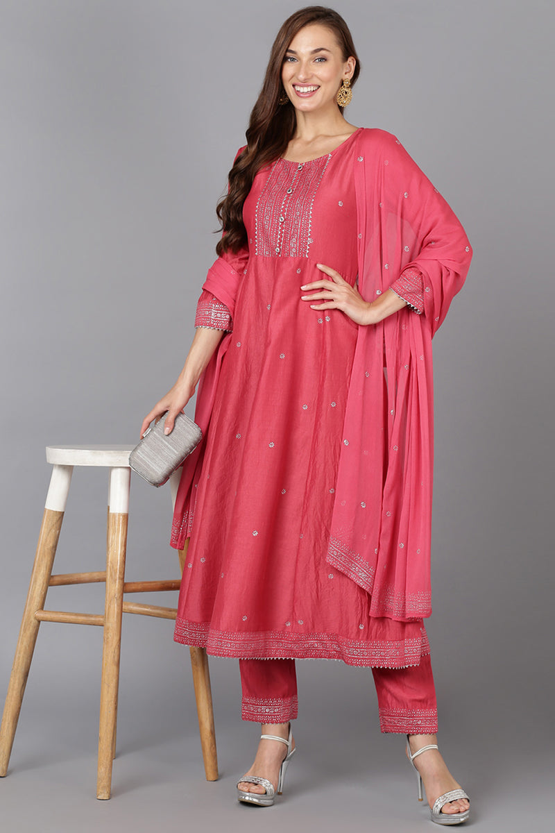 Women's Punch Pink Silk Blend Embroidered Party Wear-Ahika