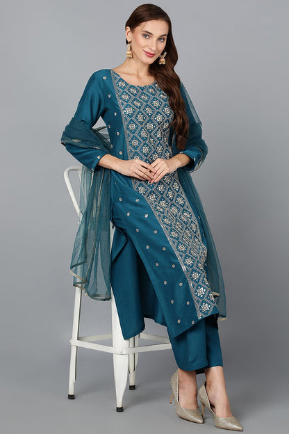 Women's Silk Blend Ocean Blue Festive Wear-Ahika
