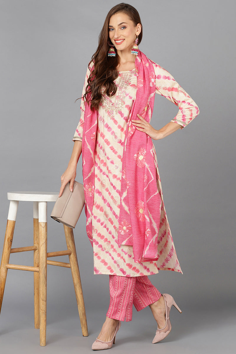 Women's Silk Blend Ivory Embroidered Festive Wear Suit Set