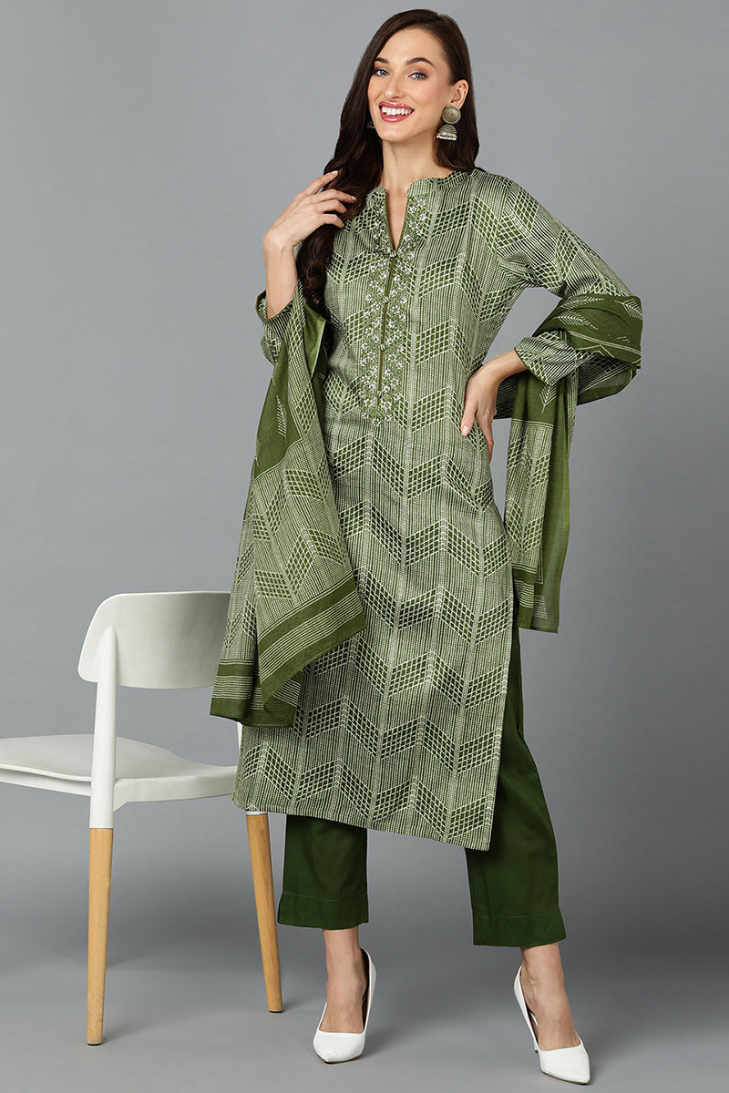 Women's Silk Blend Fern Green Straight Kurta Pant With Dupatta