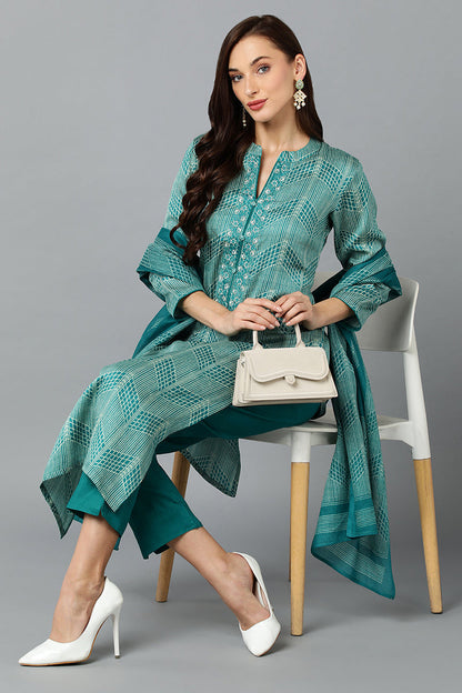 Women's Silk Blend Rama Green Straight Kurta Pant With Dupatta