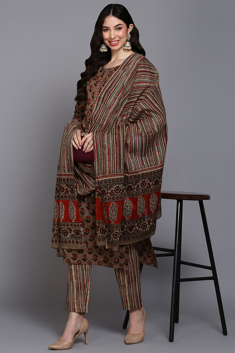 Women's Cotton Beige Printed Straight Kurta Pant With Dupatta