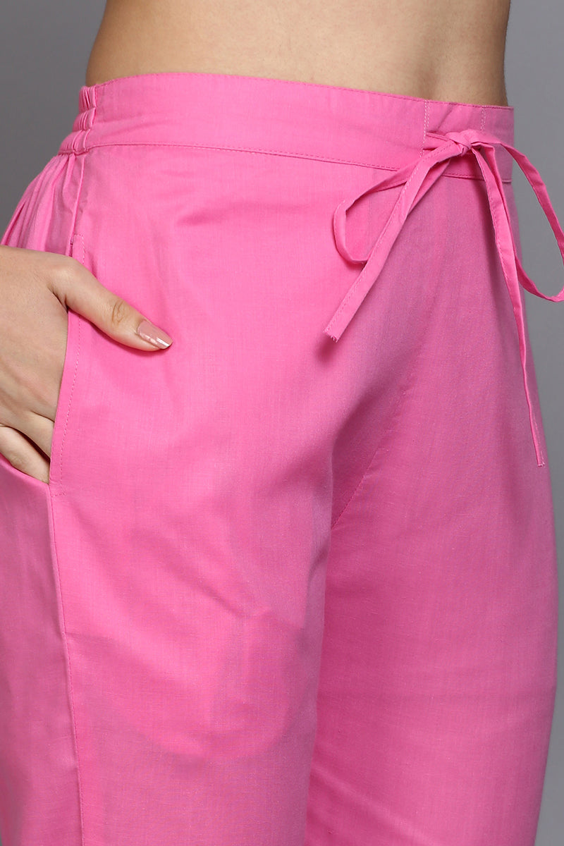 Women's Cotton Pink Printed Straight Kurta Pant With Dupatta
