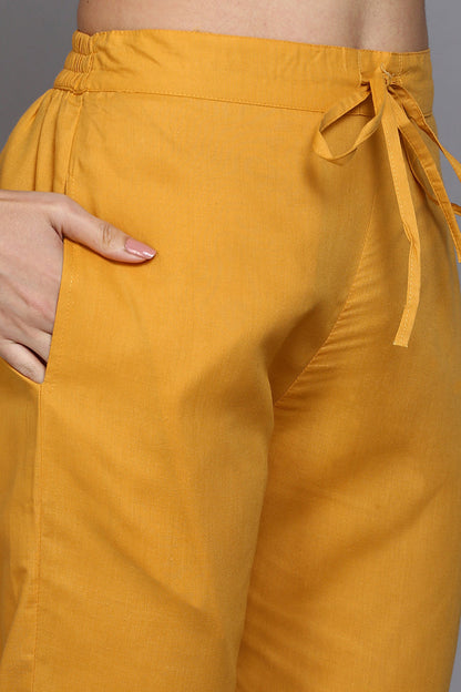 Women's Cotton Mustard Printed Straight Kurta Pant With Dupatta