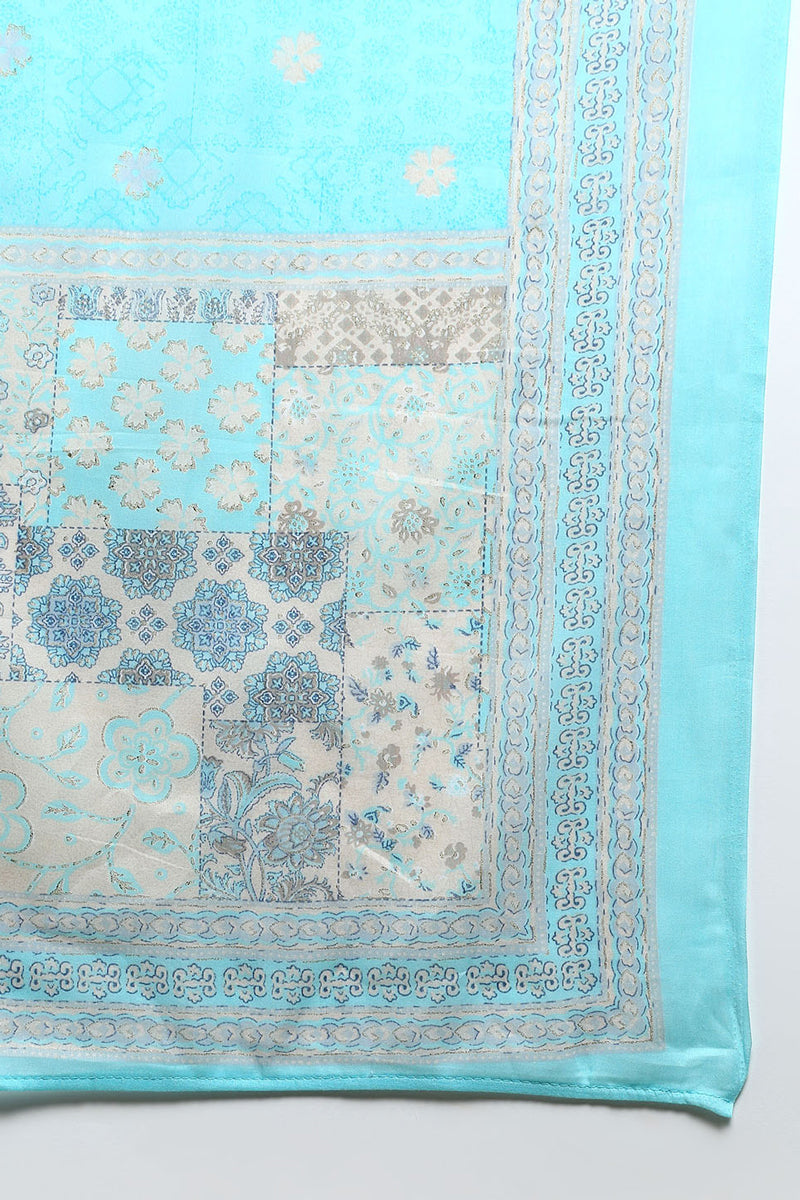 Women's Cotton Blue Printed Straight Kurta Pant With Dupatta