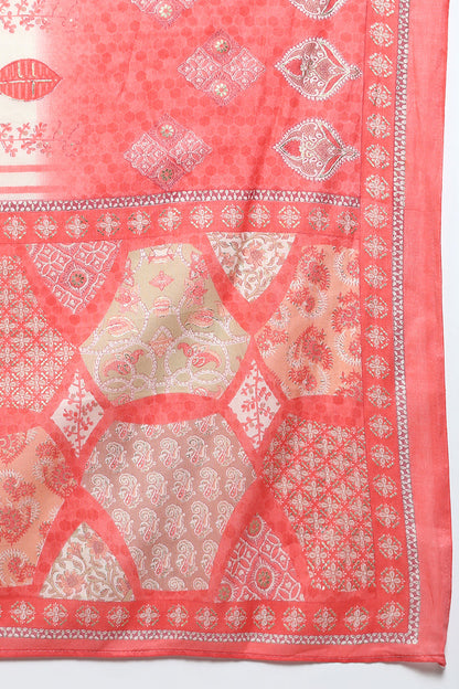 Women's Cotton Coral Peach Printed Straight Kurta Pant With Dupatta