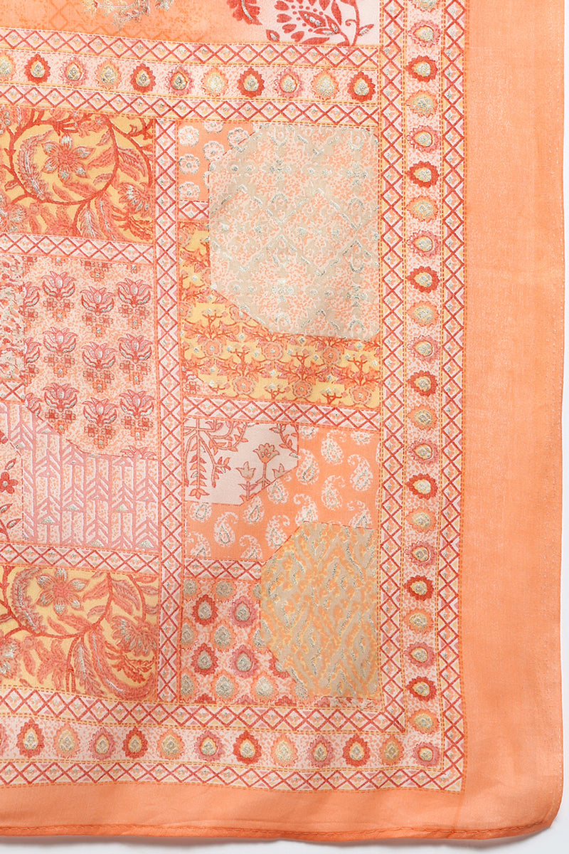 Women's Cotton Peach Printed Straight Kurta Pant With Dupatta