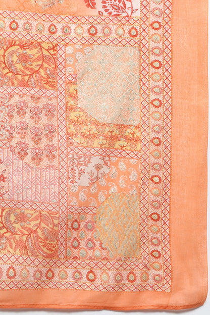 Women's Cotton Peach Printed Straight Kurta Pant With Dupatta