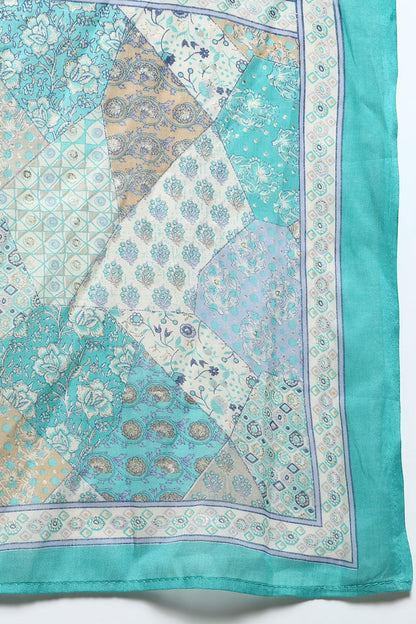 Women's Cotton Aqua Green Printed Straight Kurta Pant With Dupatta