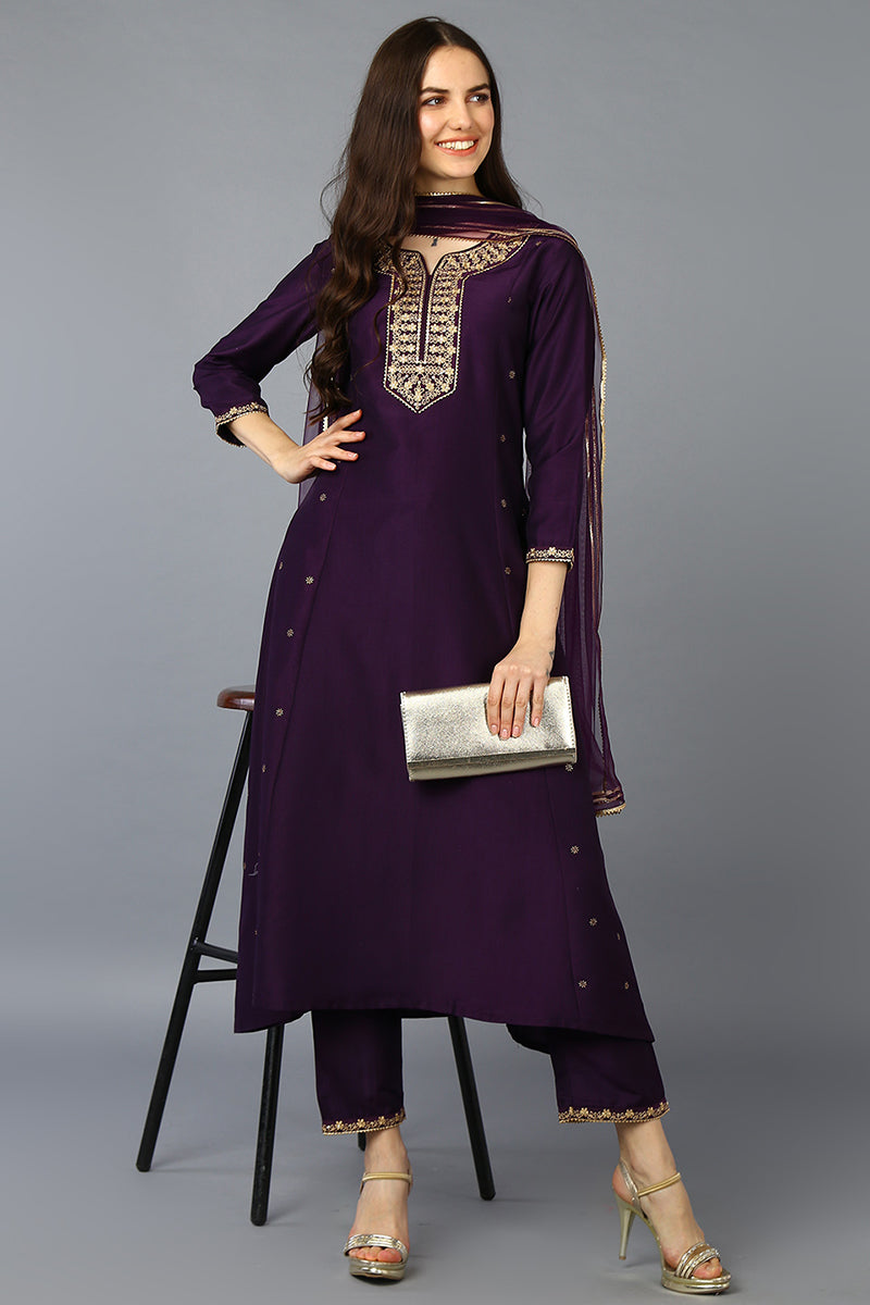 Women's Silk Blend Purple Embroidered Flared Kurta Pant With Dupatta