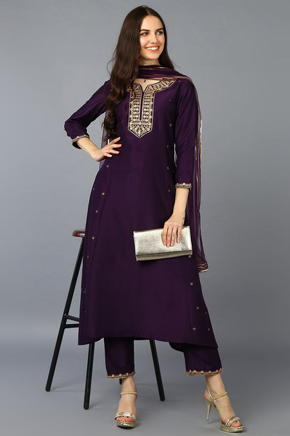 Women's Silk Blend Purple Embroidered Flared Kurta Pant With Dupatta